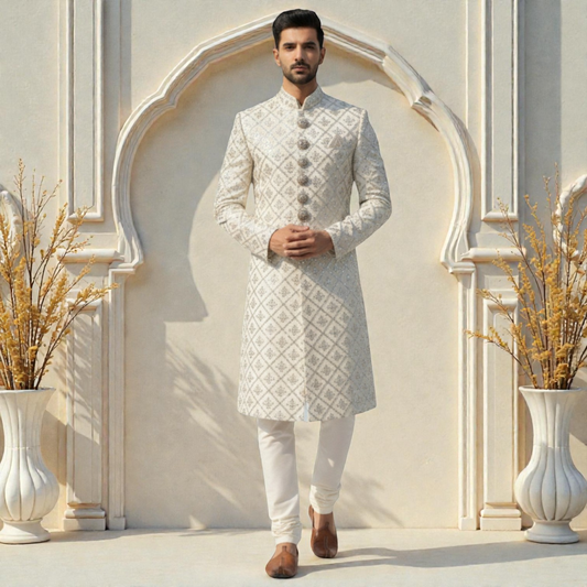 Men's Royal Beige Designer Sherwani – Premium Hand-Embroidered  Wedding Ensemble