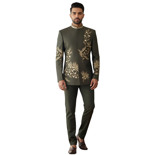Bespoke Artisan-Embroidered Imperial Bandhgala Suit with Golden Floral Vine Craftsmanship