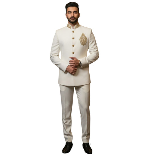 Signature Artisan-Crafted Heritage Bandhgala Suit with Ornate Golden Medallion Embroidery