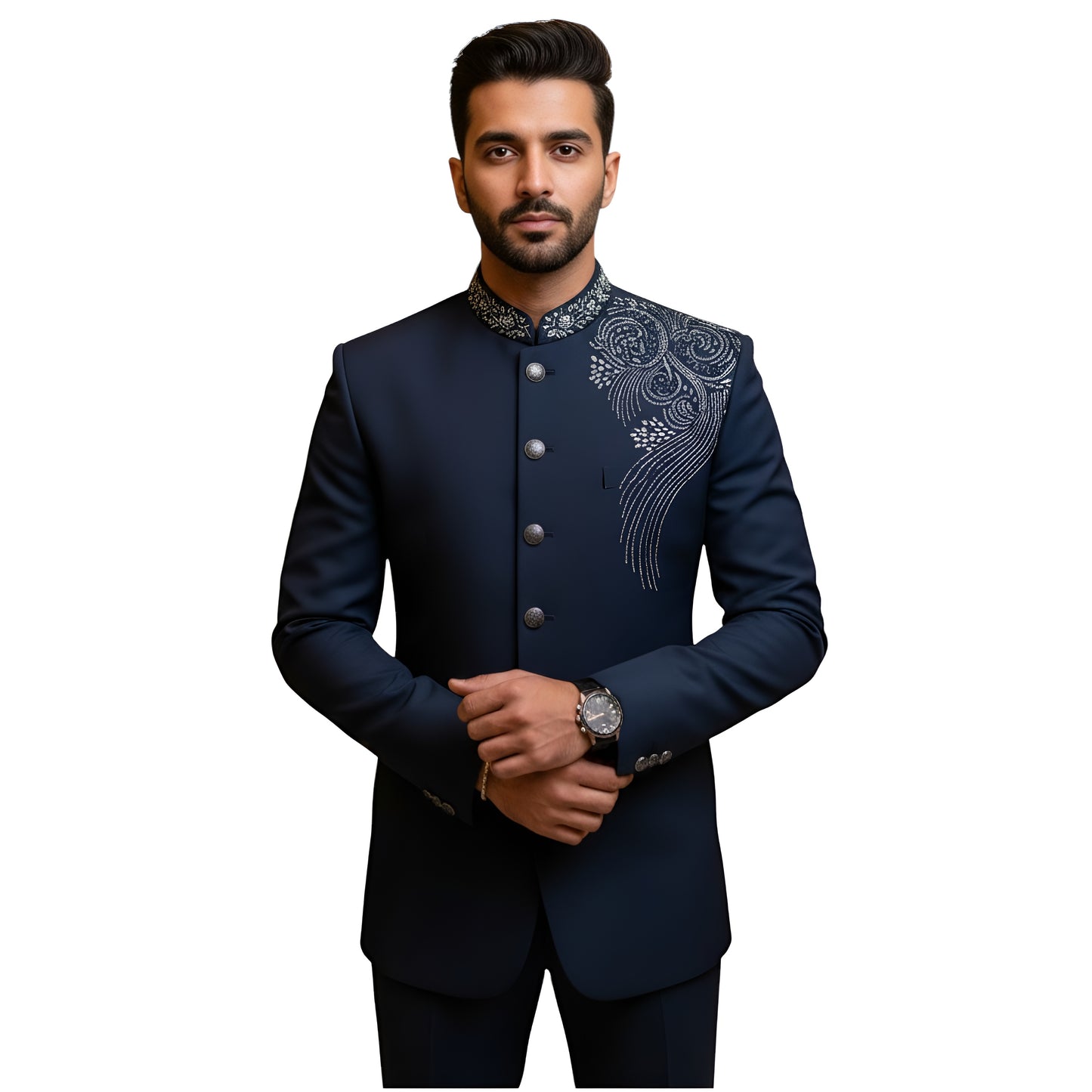 Bespoke Sovereign Bandhgala Suit with Hand-Embroidered Silver Celestial Crest