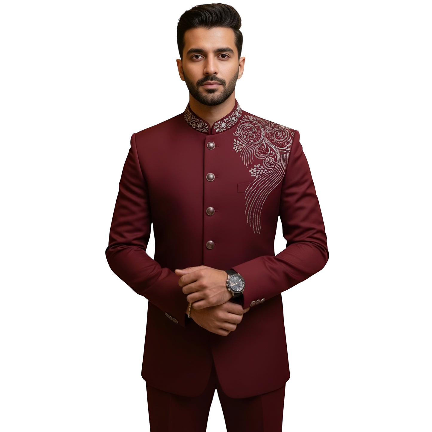 Bespoke Sovereign Bandhgala Suit with Hand-Embroidered Silver Celestial Crest