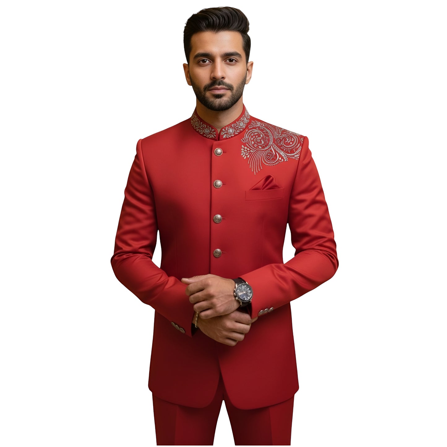Bespoke Sovereign Bandhgala Suit with Hand-Embroidered Silver Celestial Crest