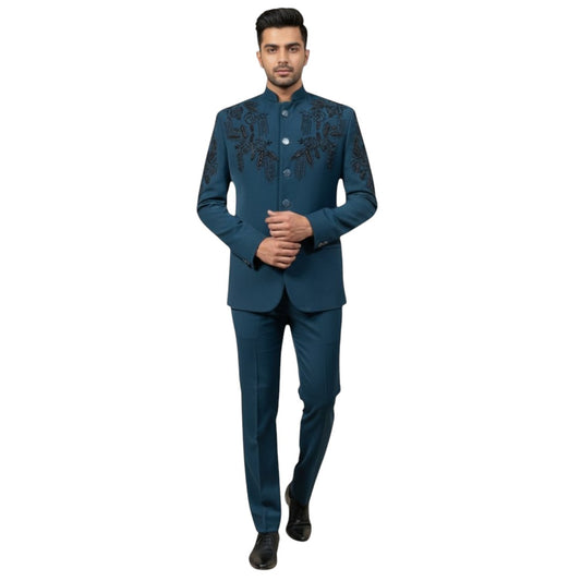 Men's Designer Teal Embroidered Band Gala – Premium Hand-Worked Jodhpuri Set