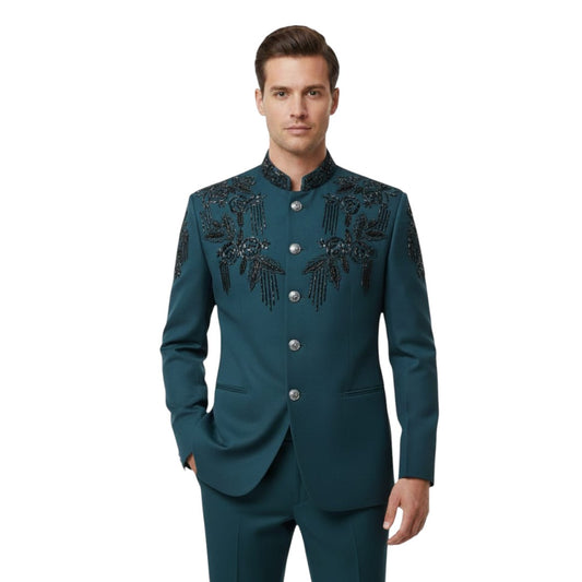 Men's Designer Teal Embroidered Band Gala – Premium Hand-Worked Jodhpuri Set