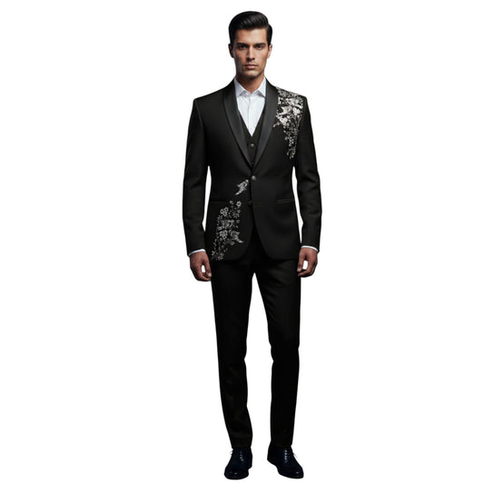 Men’s Elite Onyx Black Embroidered Three-Piece Tuxedo Suit.