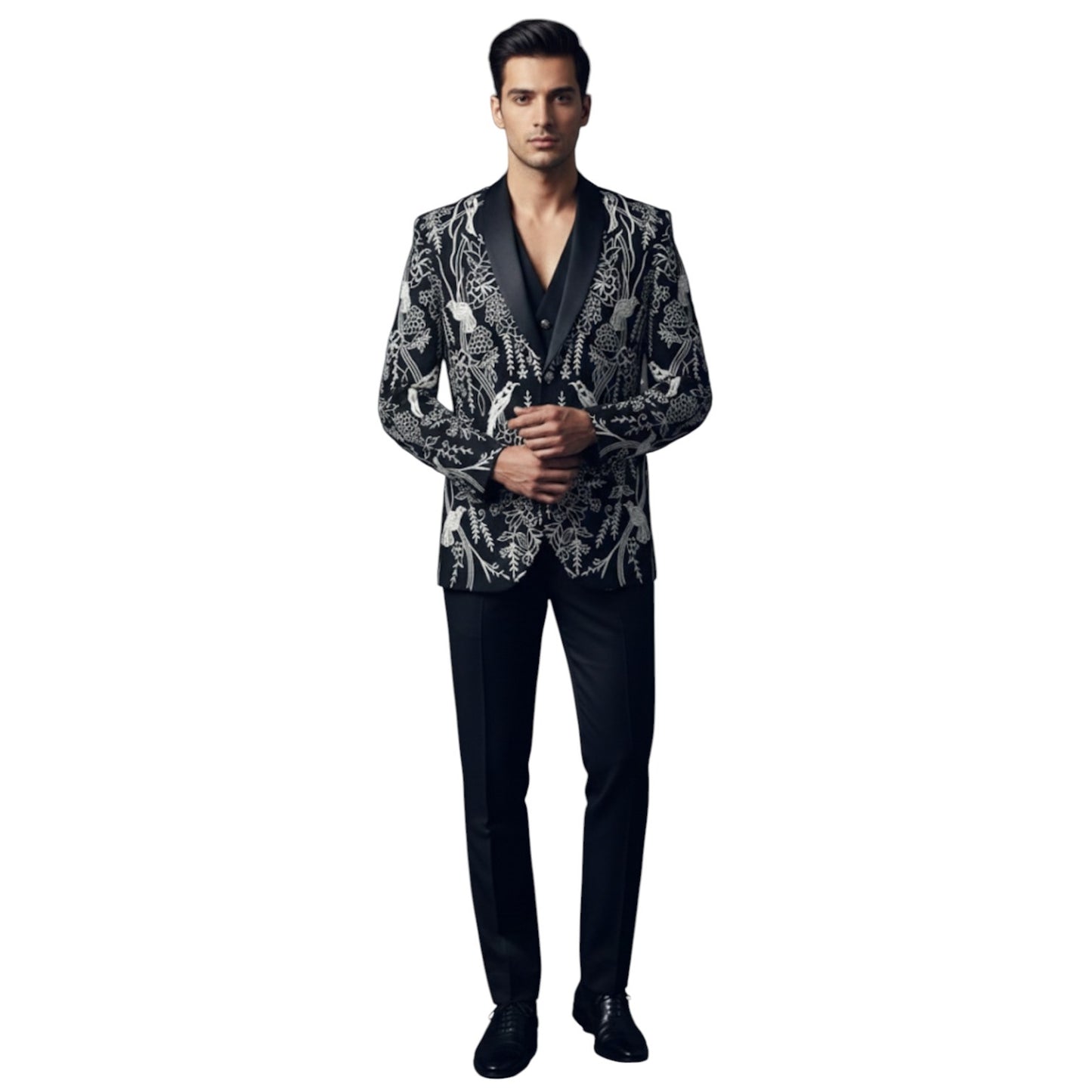 Men’s Deep Royal Navy Blue with High-Contrast Ivory and Silver-Grey Embroidery 3-Piece Tuxedo.