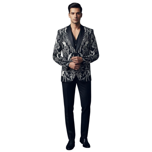 Men’s Deep Royal Navy Blue with High-Contrast Ivory and Silver-Grey Embroidery 3-Piece Tuxedo.