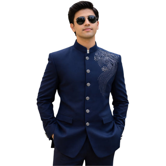 Bespoke Sovereign Bandhgala Suit with Hand-Embroidered Silver Celestial Crest
