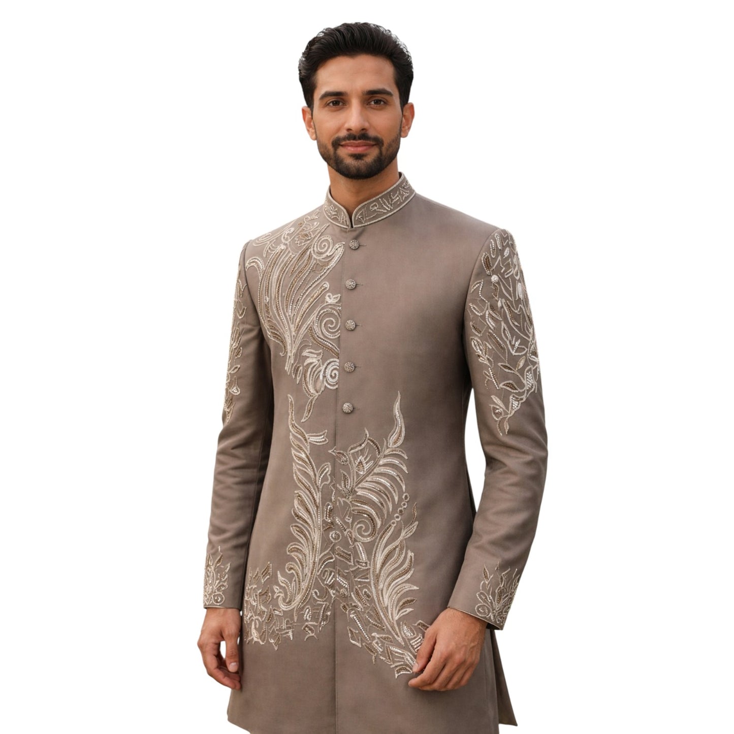 Bespoke Imperial Taupe Jodhpuri Suit with Ivory Resham and Zardosi Embroidery