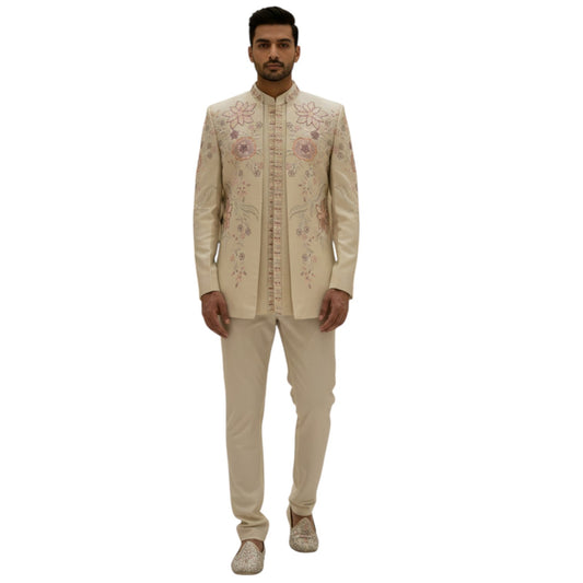 Bespoke Imperial Layered Indo-Western Achkan with Hand-Embroidered Rose Medallions — Cream