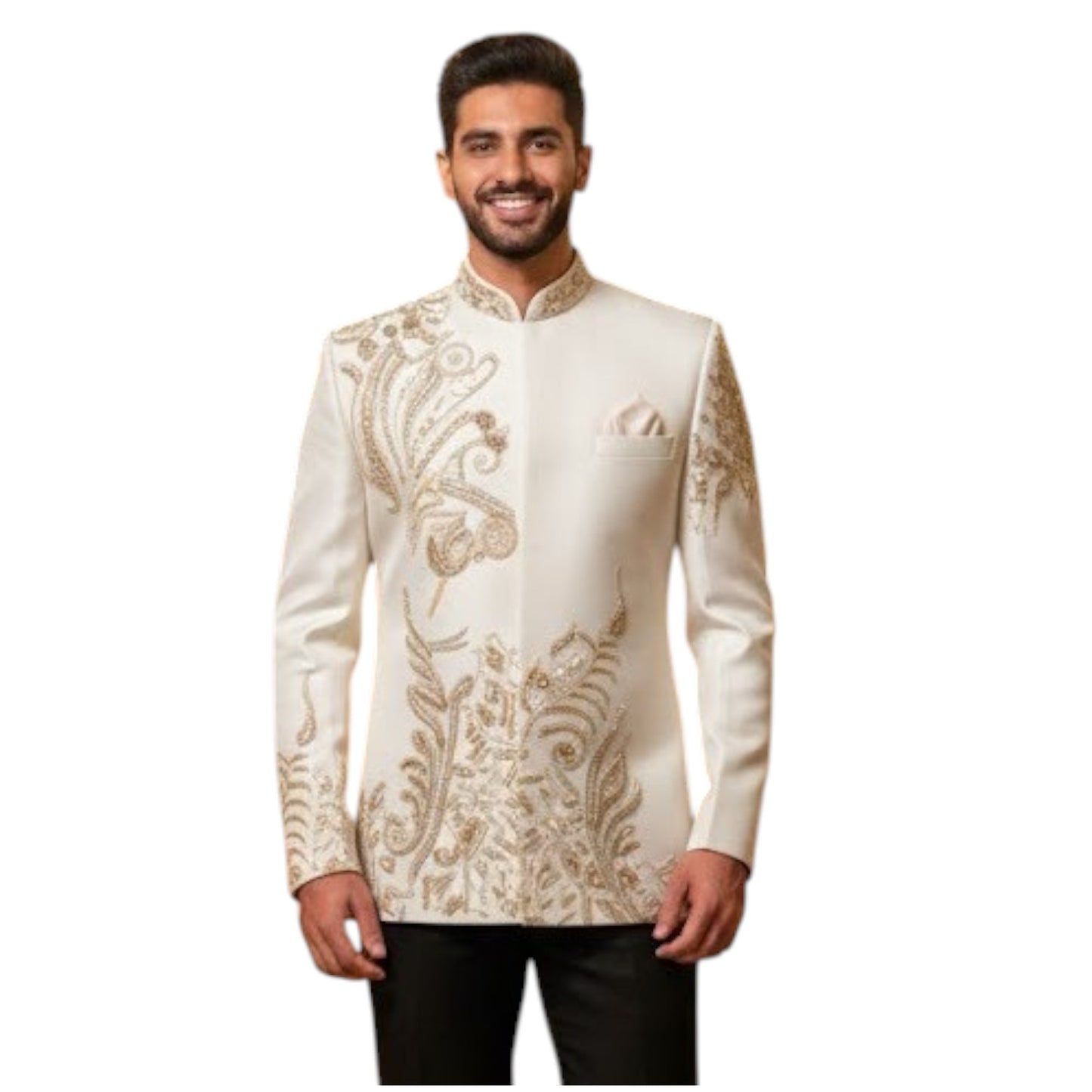 Bespoke Celestial Radiance Bandhgala Suit with Intricate Gold Zardosi and Resham Vine Artistry — Ivory