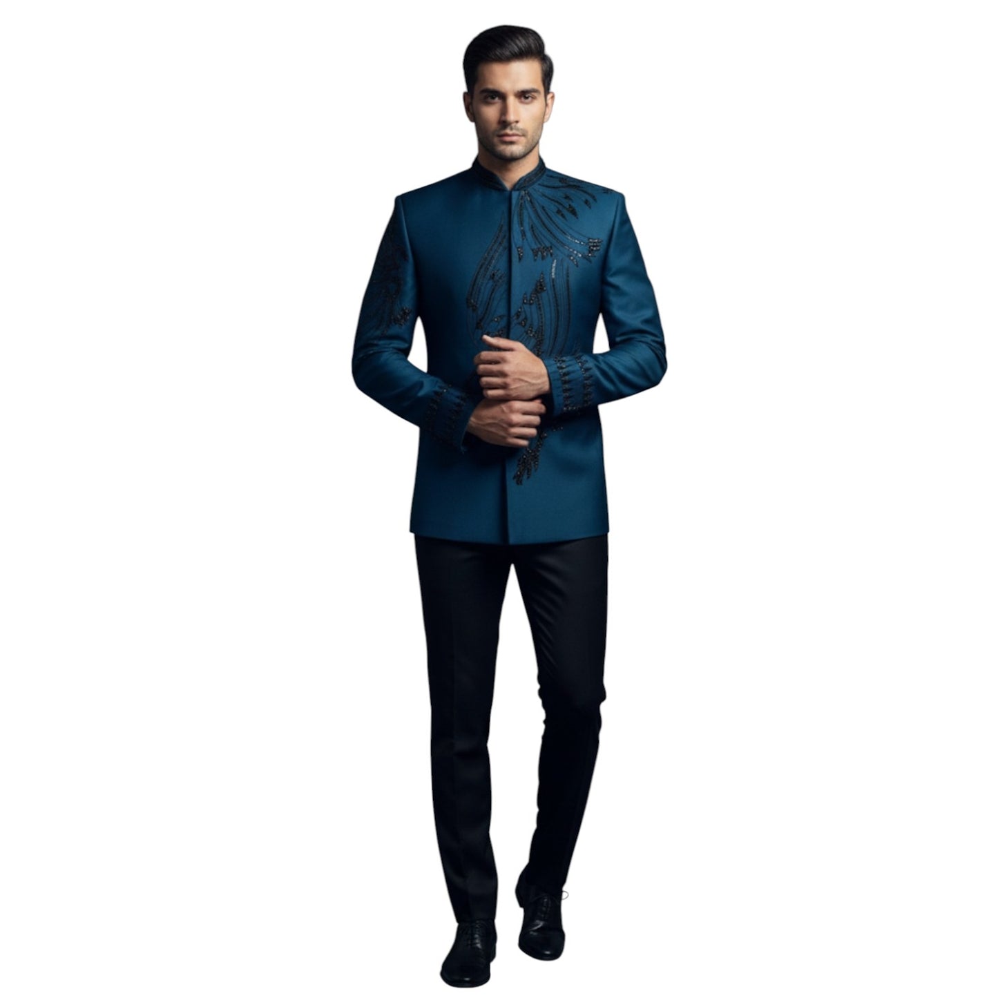 Bespoke Midnight Azure Bandhgala Suit with Hand-Applied Obsidian Wing Embroidery