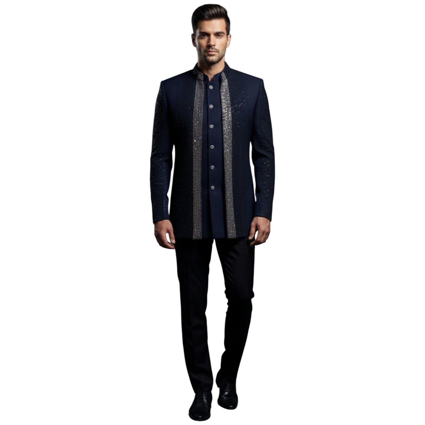Bespoke Celestial Midnight Indo-Western Suit with Hand-Embroidered Sequin Panels — Midnight Navy Blue