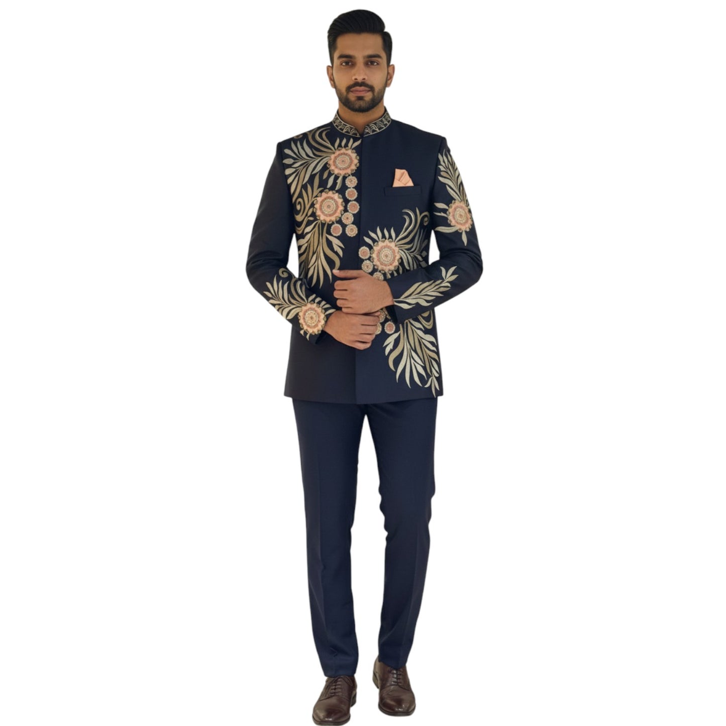 Bespoke Midnight Botanical Bandhgala Suit with Multi-Tonal Floral Medallion Embroidery