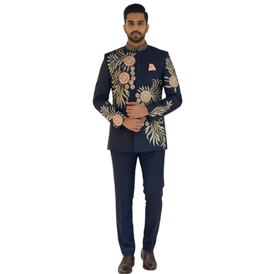 Bespoke Midnight Botanical Bandhgala Suit with Multi-Tonal Floral Medallion Embroidery