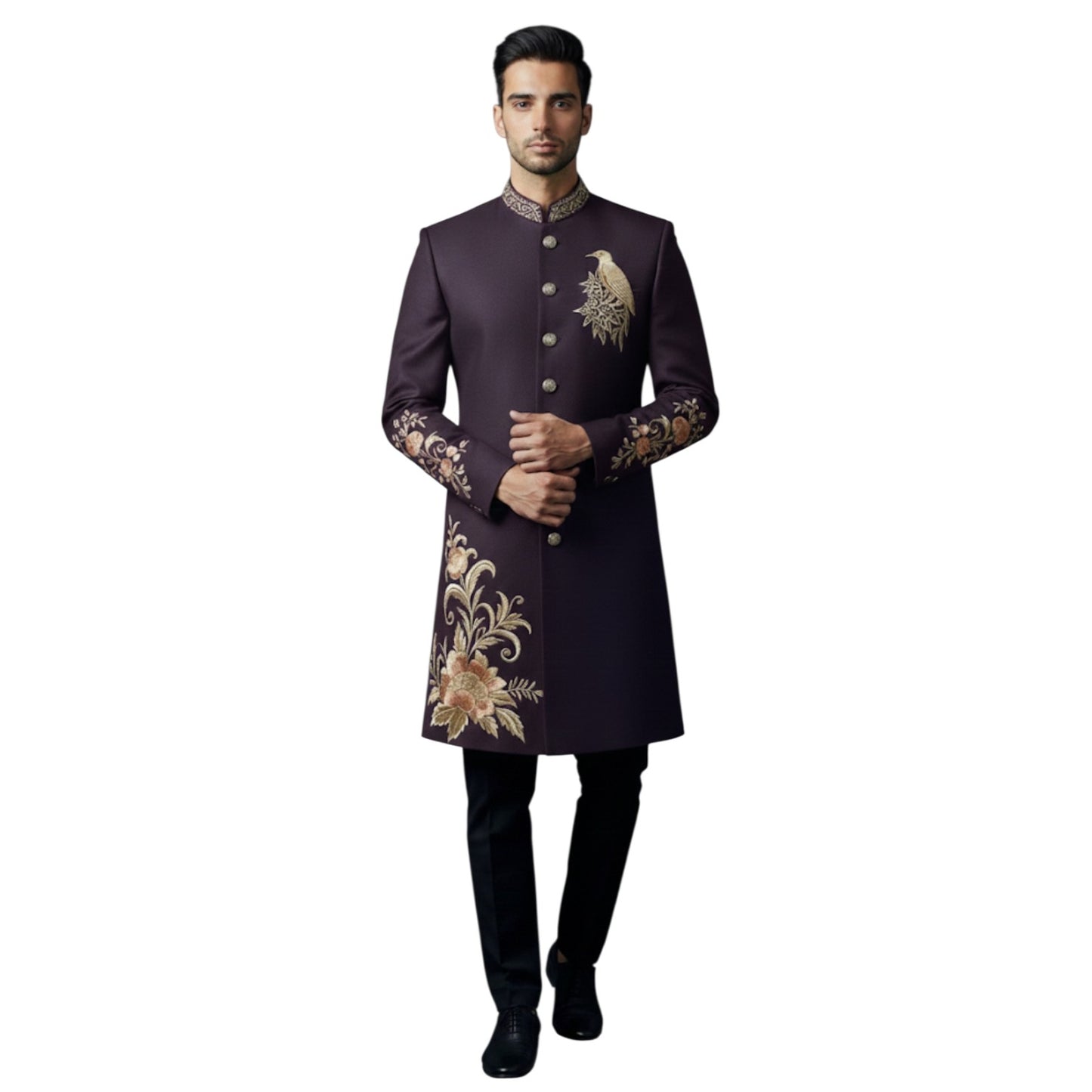 Bespoke Imperial Heritage Achkan with Hand-Embroidered Golden Avian and Floral Vines