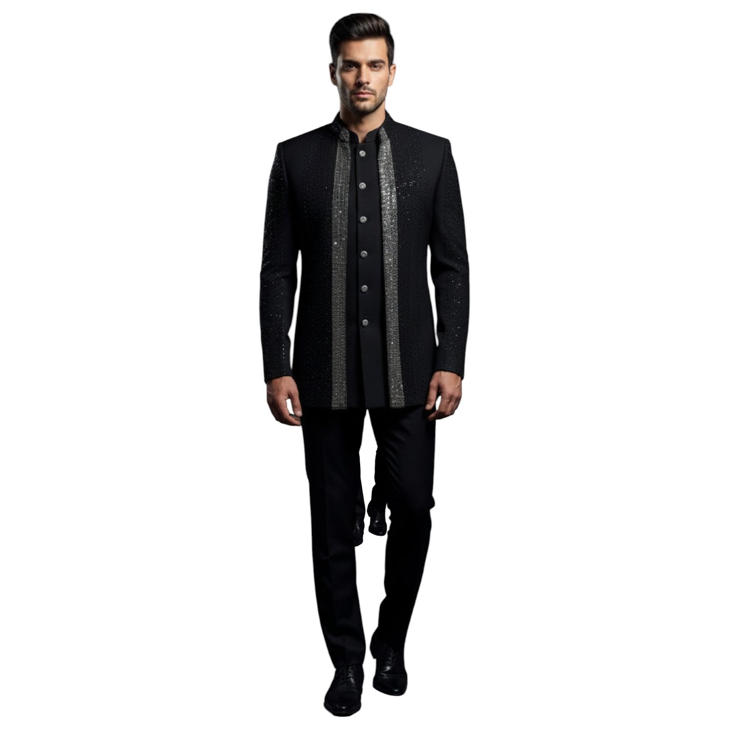 Bespoke Celestial Midnight Indo-Western Suit with Hand-Embroidered Sequin Panels — Midnight Navy Blue