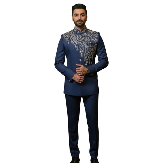 Bespoke Sovereign Bandhgala Suit with Hand-Embroidered Silver Celestial Crest — Deep Navy Blue
