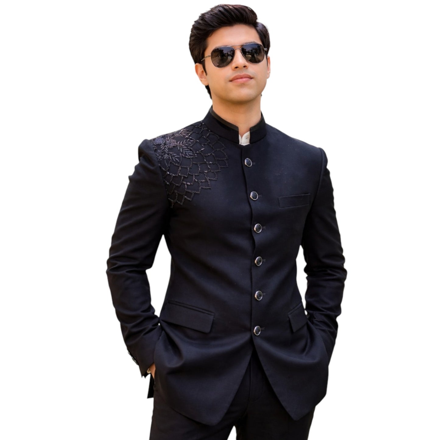 Bespoke Sovereign Bandhgala Suit with Hand-Embroidered Silver Celestial Crest