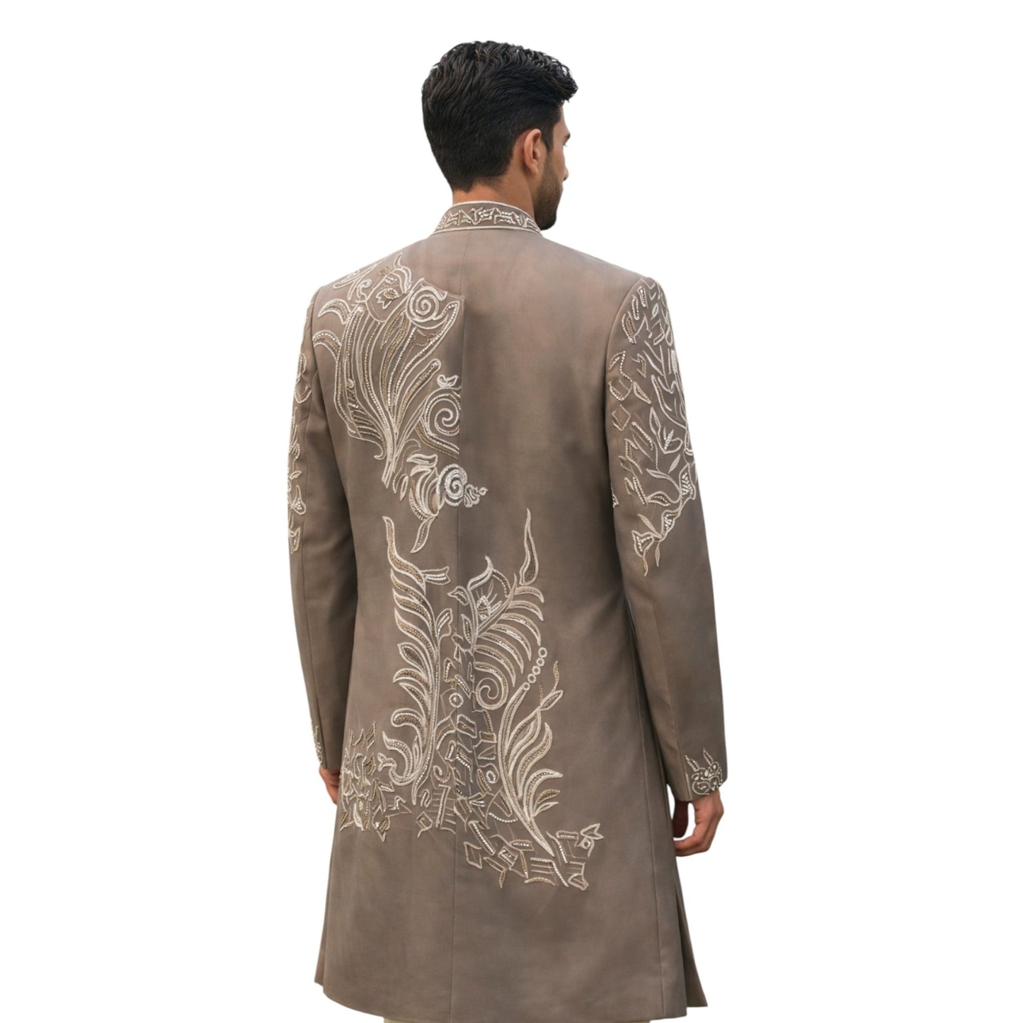 Bespoke Imperial Taupe Jodhpuri Suit with Ivory Resham and Zardosi Embroidery