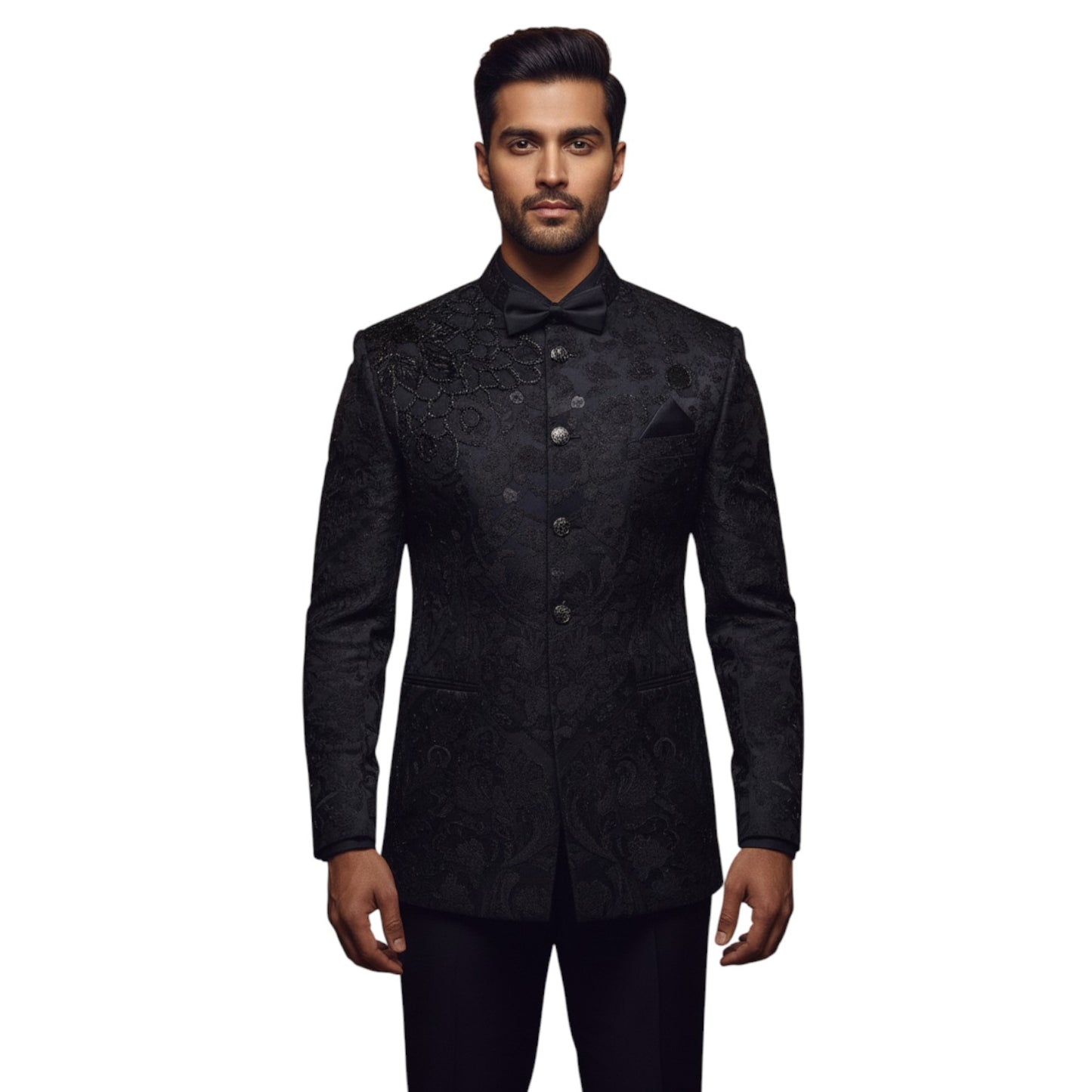 Bespoke Midnight Noir Bandhgala Suit with Hand-Embroidered Obsidian Floral Damask and Velvet Accents