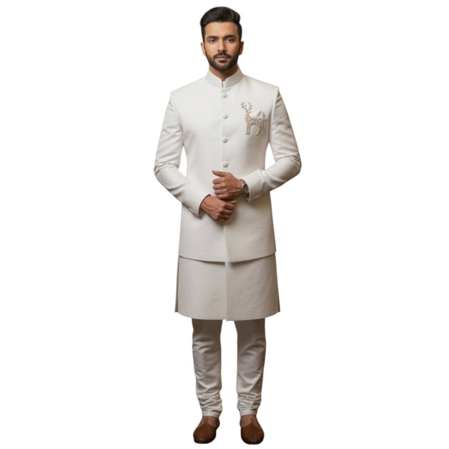 Bespoke Layered Rust Bandhgala Achkan with Hand-Embroidered Reindeer Motif