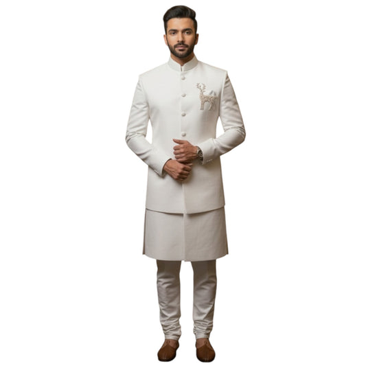 Bespoke Layered Rust Bandhgala Achkan with Hand-Embroidered Reindeer Motif