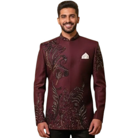 Bespoke Celestial Crest Bandhgala Suit with Hand-Embroidered Obsidian Glass-Bead Artistry