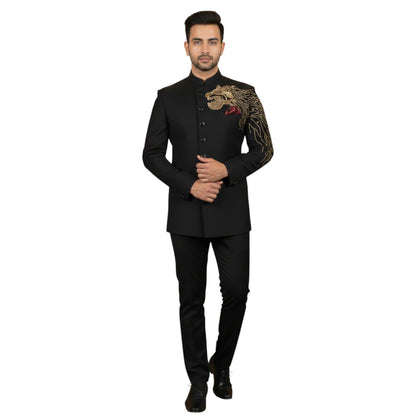 Bespoke Imperial Sovereign Bandhgala Suit with Hand-Embroidered Golden Lion Crest
