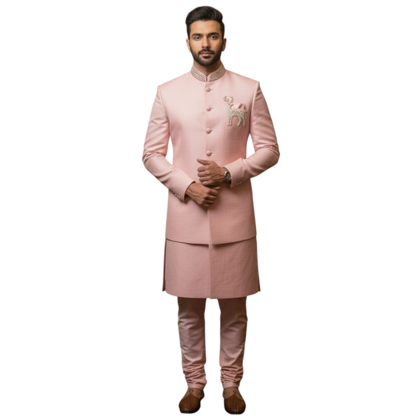 Bespoke Layered Rust Bandhgala Achkan with Hand-Embroidered Reindeer Motif