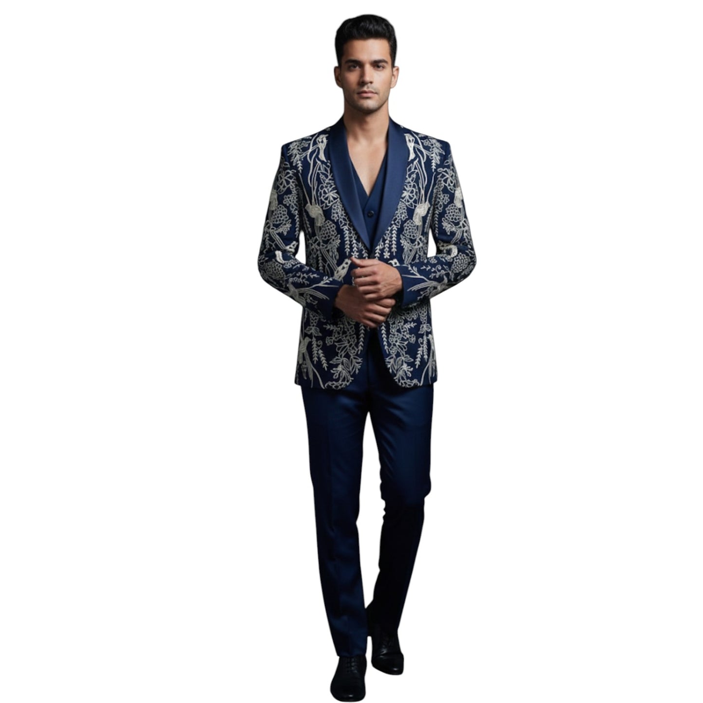 Men’s Deep Royal Navy Blue with High-Contrast Ivory and Silver-Grey Embroidery 3-Piece Tuxedo.