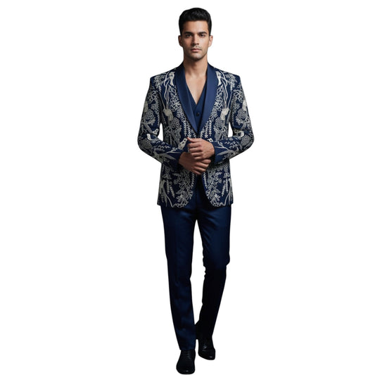Men’s Deep Royal Navy Blue with High-Contrast Ivory and Silver-Grey Embroidery 3-Piece Tuxedo.