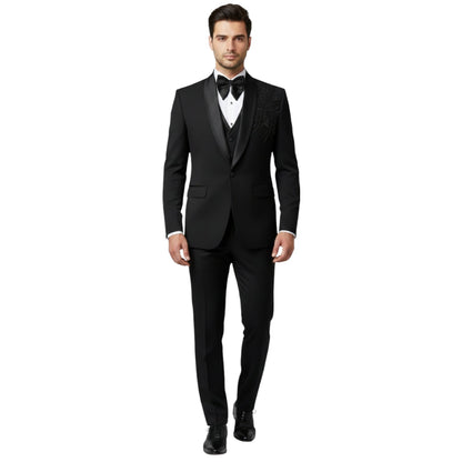 Royal Gala Embroidered Slim-Fit 3-Piece Tuxedo Suit - Classic Black