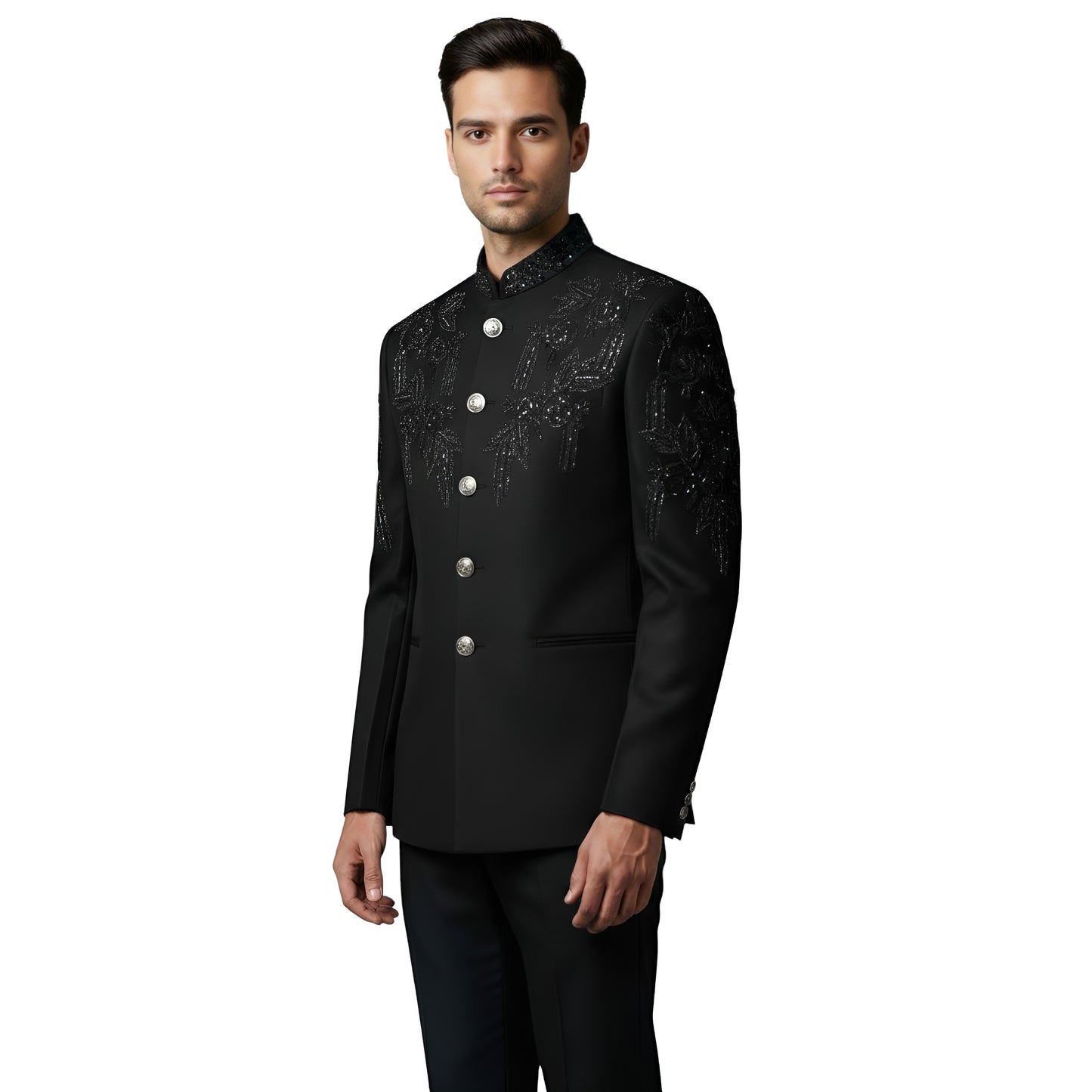 Bespoke Midnight Noir Bandhgala Suit with Hand-Applied Tonal Sequin Embroidery - Jet Black