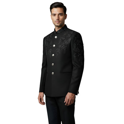 Bespoke Midnight Noir Bandhgala Suit with Hand-Applied Tonal Sequin Embroidery - Jet Black