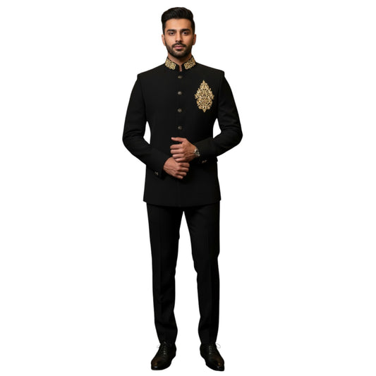 Signature Artisan-Crafted Heritage Bandhgala Suit with Ornate Golden Medallion Embroidery