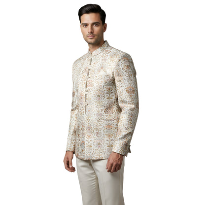 Bespoke Imperial Heritage Bandhgala Suit with All-Over Multi-Tonal Floral Brocade - Beige and Gold