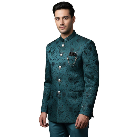 Bespoke Artisan-Embroidered Imperial Bandhgala Suit with Midnight Botanical Vines — Teal Blue