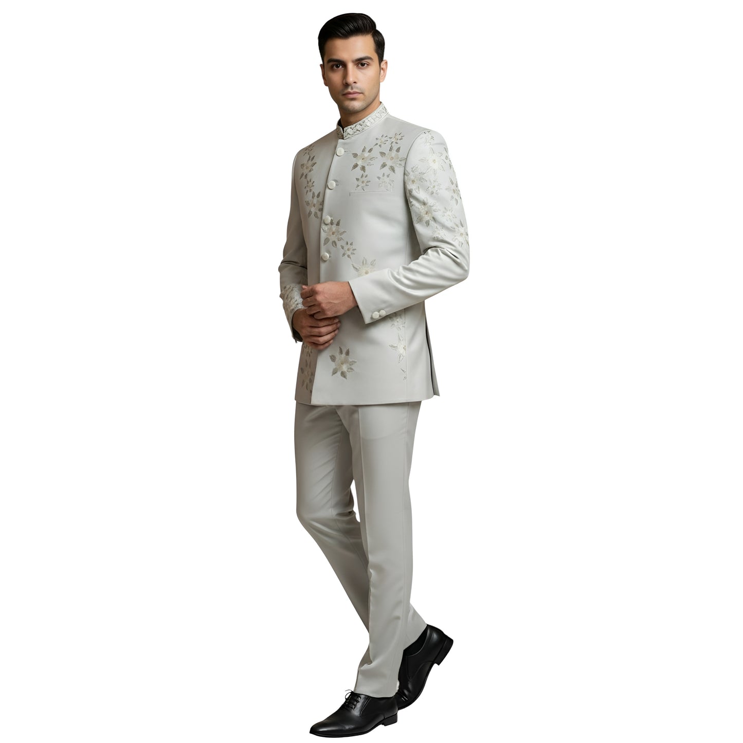 Bespoke Celestial Heritage Bandhgala Suit with Hand-Embroidered Ivory Floral Appliqué — Light Grey