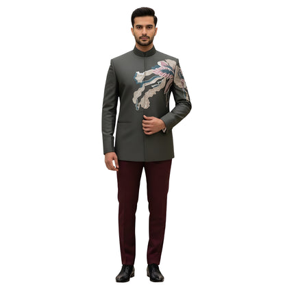 Bespoke Contemporary Fusion Bandhgala Suit with Abstract Multi-Tonal Appliqué Art — Olive Green and Maroon