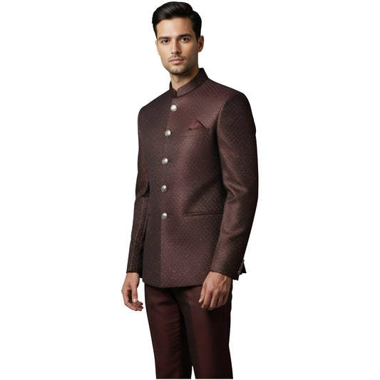 Bespoke Artisan-Textured Jodhpuri Suit with Luminous Micro-Grain Finish — Rich Mahogany