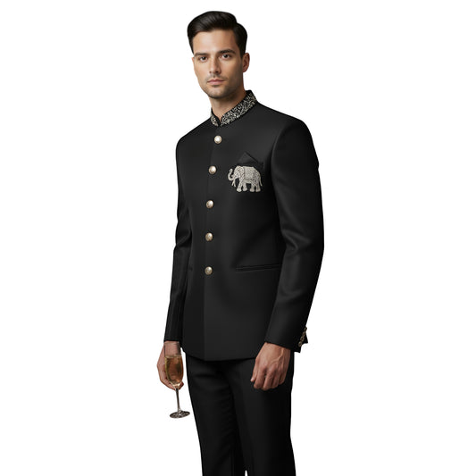 Bespoke Imperial Heritage Bandhgala Suit with Hand-Embroidered Silver Elephant Crest — Jet Black