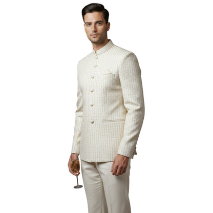 Signature Textured Geometric Pattern Bandhgala Suit - Mint Green