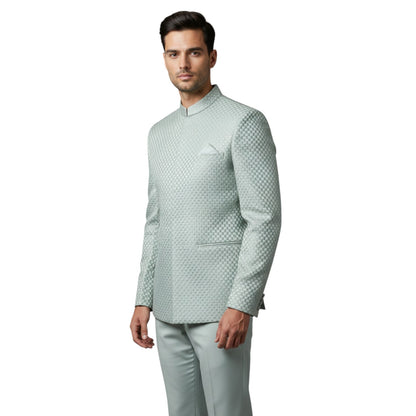 Signature Textured Geometric Pattern Bandhgala Suit - Mint Green