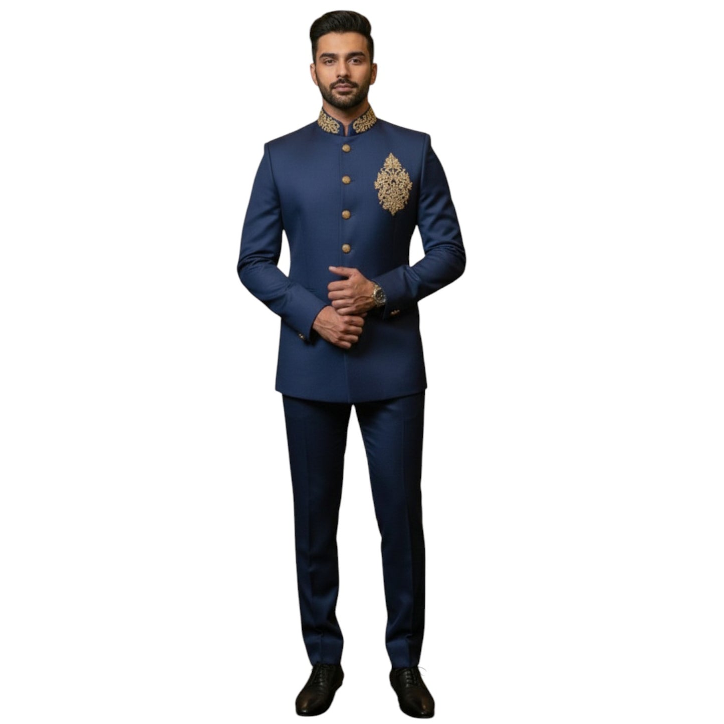 Signature Artisan-Crafted Heritage Bandhgala Suit with Ornate Golden Medallion Embroidery
