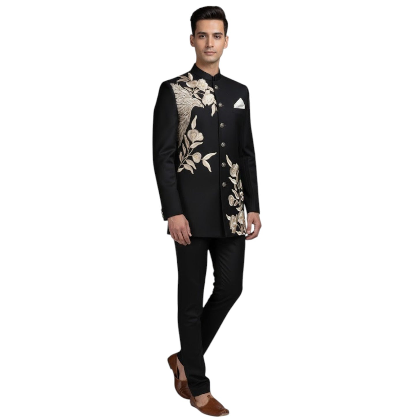 Bespoke Imperial Sovereign Bandhgala Suit with Hand-Embroidered Phoenix and Floral Vine Motif — Jet Black