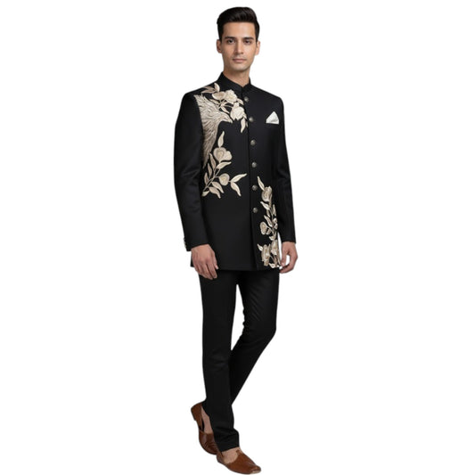 Bespoke Imperial Sovereign Bandhgala Suit with Hand-Embroidered Phoenix and Floral Vine Motif — Jet Black