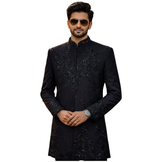 Majestic Heritage Hand-Embroidered Indo-Western Jodhpuri Suit with Artisan Resham and Sequin Craftsmanship