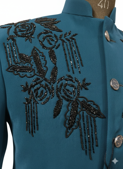 Men's Designer Teal Embroidered Band Gala – Premium Hand-Worked Jodhpuri Set