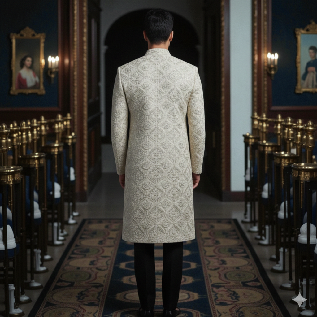 Men’s Elite Hand-Crafted Beige Radiant Diamond-Lattice Heritage Luxury Sherwani.